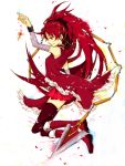  boots detached_sleeves full_body haru_(love2000love) long_hair magical_girl mahou_shoujo_madoka_magica polearm ponytail red_eyes red_hair red_legwear redhead sakura_kyouko side solo spear tegaki thighhighs weapon zettai_ryouiki 