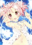  1girl absurdres armpits babydoll bare_shoulders bottomless breasts choker collarbone fingernails foreshortening glowing hair_ribbon hands highres kamiya_maneki kaname_madoka looking_at_viewer mahou_shoujo_madoka_magica midriff navel no_bra open_mouth out-of-frame_censoring outstretched_hand pink_eyes pink_hair ribbon ribbon_choker ripples scan short_twintails smile solo tears twintails 