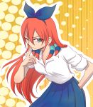  finger_on_lips finger_to_mouth green_eyes hair_ribbon hand_in_pocket highres inazuma_eleven inazuma_eleven_(series) inazuma_eleven_go long_hair raccco red_hair redhead ribbon school_uniform seto_midori sleeves_rolled_up solo wink 