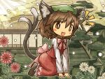  akihiyo all_fours aolo blush_stickers bow brown_eyes brown_hair cat cat_tail chen earrings fang flower hat highres house jewelry multiple_tails open_mouth rooftop sitting solo tail touhou tree 