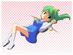  1girl cato_(monocatienus) daiyousei dress fairy_wings green_eyes green_hair halftone halftone_background long_sleeves looking_at_viewer lying on_back open_mouth side_ponytail socks solo touhou white_legwear wings 