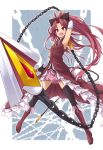  armpits bare_shoulders black_legwear blush boots bow chain detached_sleeves dress hair_bow highres long_hair magical_girl mahou_shoujo_madoka_magica open_mouth paprika_(artist) ponytail red_eyes red_hair redhead sakura_kyouko solo spear thigh-highs thighhighs weapon 