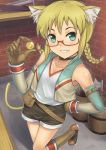  axe bare_shoulders barrel blonde_hair boots braid brick_wall coin copyright_request elbow_gloves glasses gloves grin hand_on_hip hashi highres hips long_hair sheath shorts smile solo sword tail twin_braids weapon 