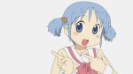  blue_eyes blue_hair cap hair_cubes hair_ornament naganohara_mio nichijou open_mouth pointing school_uniform screencap screenshot short_twintails simple_background smile solo twintails white_background 