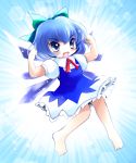  barefoot blue_eyes blue_hair bow cirno dress fang flex flexing hair_bow highres open_mouth pose short_hair smile solo touhou wings yume_shokunin 