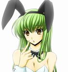  animal_ears bare_shoulders black_ribbon bow_tie bowtie breasts bunny_ears bunnysuit bust c.c. cc ccllsaikou cleavage code_geass female finger_to_mouth green_hair leotard long_hair ribbon simple_background solo yellow_eyes 
