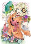  aqua_eyes bad_id blonde_hair flower green_eyes hair_flower hair_ornament hirasaka_(okome13) japanese_clothes kimono leaf moriyama_shiemi nii-chan nii_(ao_no_exorcist) open_mouth short_hair smile solo 