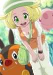  1girl bag bel_(pokemon) bell_(pokemon) beret blonde_hair breasts cleavage forest green_eyes hat leaning_forward munna nature open_mouth pignite pokemoa pokemon pokemon_(creature) pokemon_(game) pokemon_black_and_white pokemon_bw smile vest 