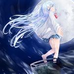  bicycle blue_eyes blue_hair carpe-diem--allegory denpa_onna_to_seishun_otoko full_moon highres long_hair looking_back moon panties pantyshot plaid plaid_skirt pleated_skirt skirt smile solo tartan touwa_erio underwear 