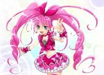  :d blue_eyes bow braid brooch choker cure_melody curly_hair dress earrings frills hair_ribbon hairband happy heart houjou_hibiki jewelry kirako long_hair magical_girl midriff open_mouth pink_hair precure ribbon smile solo sparkle suite_precure thighhighs twintails wrist_cuffs 