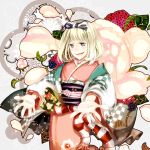  blush bow flower fuu_takara green_eyes hair_bow houhou_(black_lack) japanese_clothes kimono moriyama_shiemi nii_(ao_no_exorcist) open_mouth outstretched_arm outstretched_hand short_hair smile 