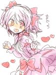  :d :o blush bow dress gloves grin hair_bow hair_ornament heart kaname_madoka magical_girl mahou_shoujo_madoka_magica monochrome open_mouth pink pink_eyes pink_hair short_hair short_twintails simple_background skirt smile solo standing translation_request twintails white_background zawameki 