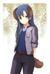  animal_ears arms_behind_back belt blue_hair brown_eyes dog_ears idolmaster kemonomimi_mode kisaragi_chihaya long_hair onion_(artist) open_mouth pants sleeves_rolled_up solo tail 