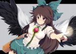  arm_cannon black_wings blush bow brown_hair cape glowing glowing_hand hair_bow long_hair outstretched_hand pointing red_eyes reiuji_utsuho shirt skirt smile solo third_eye touhou weapon wings xjr1250 
