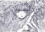  blunt_bangs eyelashes flower hands long_hair monochrome open_mouth original outstretched_arm outstretched_hand sakino_shingetsu sketch solo traditional_media vines 