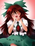  ^_^ blush bow brown_hair bunchin_(siso_junzy) cape closed_eyes eyes_closed hair_bow hands_on_face hands_on_own_face highres long_hair open_mouth reiuji_utsuho skirt smile solo third_eye touhou wings 