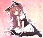  ankle_lace-up black_legwear brown_hair cat_ears cross-laced_footwear dress faris_nyannyan faris_nyannyan_(cosplay) hair_down hand_on_own_chest hand_to_chest long_hair maid maid_headdress makise_kurisu miya_(tsumazukanai) pantyhose pink_hair purple_eyes sitting solo steins;gate violet_eyes 