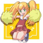  armpits blonde_hair capcom cheerleader flat_chest green_eyes hair_ribbon highres jumping ki_(adotadot) long_hair looking_at_viewer midriff navel open_mouth pom_poms ribbon rockman rockman_(classic) rockman_(original) roll shoes skirt solo twintails 