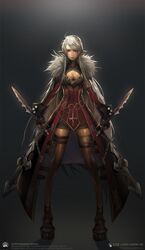  breasts chronos_sword cleavage dagger dual_wielding fur fur_trim grey_hair long_hair nine_(chronos_sword) original pantyhose pointy_ears red_eyes repi987 simple_background solo thigh_strap thighhighs weapon 