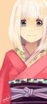  blonde_hair green_eyes highres japanese_clothes kimono mili1994 moriyama_shiemi short_hair smile solo 