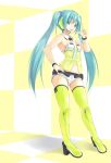  aqua_eyes aqua_hair armpits bare_shoulders boots bracelet checkered checkered_background collar detached_collar hand_on_hip hatsune_miku headset high_heels hips jewelry konimaru long_hair nail_polish necktie open_mouth pointing pointing_up project_diva project_diva_2nd shoes simple_background smile solo thigh-highs thigh_boots thighhighs twintails very_long_hair vocaloid yellow yellow_(vocaloid) yellow_legwear 