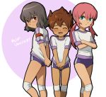  blush brown_eyes brown_hair buruma crossed_arms gym_uniform inazuma_eleven inazuma_eleven_(series) inazuma_eleven_go kirino_ranmaru long_hair low_twintails matsukaze_tenma mizuhara_aki multiple_boys pink_hair shindou_takuto trap twintails 