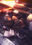 book boots cd closed_eyes computer_keyboard computer_mouse detached_sleeves digital_media_player eyes_closed garuku hatsune_miku headphones instrument ipod keyboard_(instrument) lying skirt sleeping solo speaker thigh-highs thigh_boots thighhighs vocaloid 
