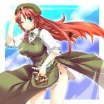  :/ bad_id bag blue_eyes braid breasts china_dress chinese_clothes dress gradient green_dress hand_on_hat hat hong_meiling jewelry large_breasts no_panties petticoat red_hair redhead solo tassel touhou twin_braids wind wink yutazou 