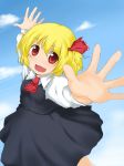  ascot bad_id beegle blonde_hair blush hair_ribbon highres open_mouth outstretched_arms red_eyes ribbon rumia short_hair solo the_embodiment_of_scarlet_devil touhou youkai 