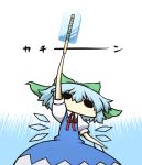  blue_hair bow chibi cirno dress hair_bow ice kurokoori popsicle solo touhou translated translation_request wide_face wideface wings 