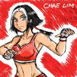  1girl black_hair borockman braid breasts chae_lim fingerless_gloves gloves grey_eyes king_of_fighters king_of_fighters_maximum_impact midriff mixed_martial_arts multicolored_hair navel short_hair single_braid smile solo sports_bra toned two-tone_hair white_hair 