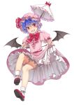  bad_id bat_wings bloomers blue_hair bow colored_eyelashes dress eyelashes fang hat hat_bow newrein open_mouth parasol petticoat red_eyes remilia_scarlet short_hair short_sleeves simple_background skirt skirt_lift slip_skirt solo touhou umbrella wings 