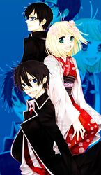  ao_no_exorcist bad_id black_hair blonde_hair blue_eyes glasses green_eyes japanese_clothes kanae_(aab) kimono moriyama_shiemi necktie okumura_rin okumura_yukio open_mouth short_hair smile striped striped_necktie 