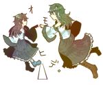  bad_id brown_hair detached_sleeves dress dual_persona frills frog green_eyes green_hair kochiya_sanae long_hair multiple_girls ringetsumon simple_background snake time_paradox touhou young 