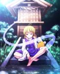  ahoge bad_feet barefoot blonde_hair frog hair_ribbon hat hat_removed headwear_removed highres mishaguji moriya_suwako outdoors ribbon ryosios shide shimenawa shrine smile solo stair stairs touhou tree water yellow_eyes 