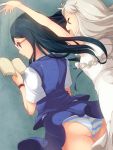  &gt;_&lt; ano_hi_mita_hana_no_namae_wo_bokutachi_wa_mada_shiranai ass blue_hair book dress from_behind glasses honma_meiko ignoring koflif long_hair multiple_girls open_mouth panties school_uniform silver_hair skirt skirt_flip striped striped_panties sundress tsurumi_chiriko underwear watch 