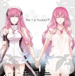  bad_id blue_eyes closed_eyes dress dual_persona eyes_closed hand_holding headphones highres holding_hands long_hair megurine_luka pink_hair rahwia robot_joints short_dress smile vocaloid white_dress 