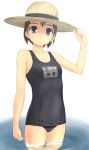  black_hair hat highres original school_swimsuit short_hair solo submerged swimsuit takafumi 