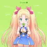  astarotte_ygvar blonde_hair blush bow clover covering covering_face covering_mouth detached_collar english four-leaf_clover green_eyes hair_bow heart long_hair lotte_no_omocha! meow_(nekodenki) midriff navel navel_cutout solo thigh-highs thighhighs twintails zettai_ryouiki 