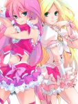  blonde_hair blue_eyes character_request cure_melody cure_rhythm frills green_eyes hidaka_ryou highres houjou_hibiki magical_girl midriff minamino_kanade multiple_girls pink_hair precure skirt smile suite_precure 