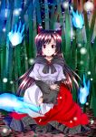  1girl animal_ears bamboo bamboo_forest brooch brown_hair dress fingernails forest ghost highres hitodama imaizumi_kagerou jewelry long_fingernails long_hair long_sleeves myo-gateien nature red_eyes sitting solo touhou very_long_hair wide_sleeves wolf_ears 