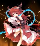  1girl breasts cleavage date_a_live hair_ornament horns itsuka_kotori long_hair long_sleeves open_mouth red_eyes redhead solo very_long_hair weapon wide_sleeves 