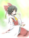  bow detached_sleeves eating faux_traditional_media food hair_bow hair_tubes hakurei_reimu ice japanese_clothes lefthand miko seiza shaved_ice short_hair sitting solo spoon stare touhou wide_sleeves 