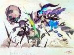  battle black_rock_shooter black_rock_shooter_(character) blue_eyes chibi dead_master graphite_(medium) green_eyes jnt sketch skull traditional_media weapon 