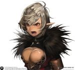  angry bad_id breasts chronos_sword cleavage grey_hair large_breasts lowres nine_(chronos_sword) open_mouth original pointy_ears red_eyes repi987 short_hair simple_background solo 