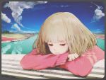  closed_eyes cloud clouds eyes_closed face jewelry ocean original ring scenery short_hair sky sleeves_past_wrists soe solo 