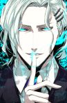  bad_id blue_eyes blue_fire blue_flame bust english finger_to_mouth fire glowing glowing_eyes hair_ornament hairclip male necktie pale_skin s_tanly solo tiger_&amp;_bunny white_hair yuri_petrov 