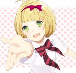  ao_no_exorcist bad_id blonde_hair blush bow face foreshortening green_eyes hairband hands minami_haruya moriyama_shiemi open_mouth outstretched_arm perspective school_uniform short_hair smile solo 