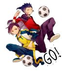  bad_id baggy_pants ball belt bracelet cloak grin inazuma_eleven inazuma_eleven_(series) inazuma_eleven_go jewelry male minamisawa_atsushi multicolored_eyes multiple_boys ono_(0_no) purple_hair red_eyes shoes short_hair smile sneakers soccer_ball soccer_uniform track_suit tsurugi_kyousuke white_background yellow_eyes 