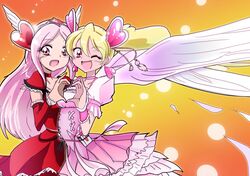  :d angel_wings blonde_hair bow choker cure_angel cure_passion cure_peach dress earrings fresh_precure! frills gou_hiromi hair_ornament hairpin happy heart heart_hands heart_hands_duo higashi_setsuna jewelry long_hair magical_girl momozono_love multiple_girls open_mouth pantyhose pink_eyes pink_hair precure ribbon side_ponytail smile tiara wings wink wrist_cuffs 